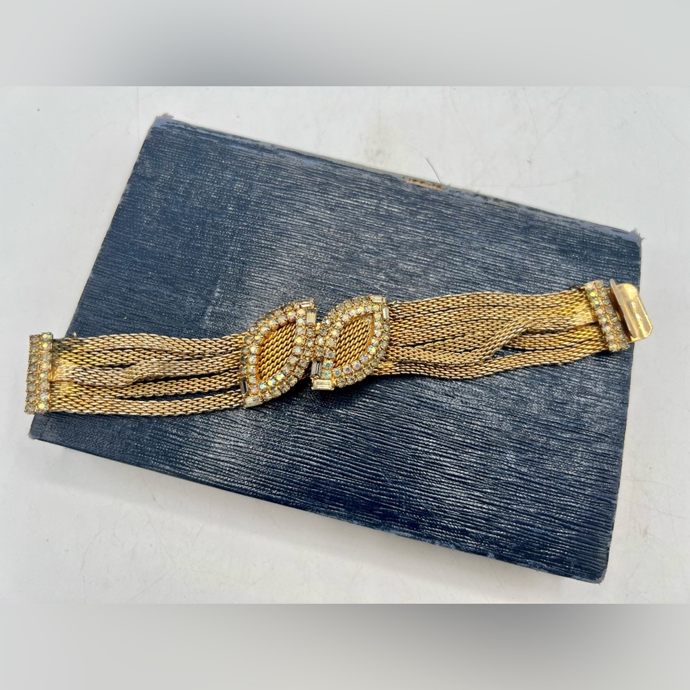 Rare vintage HOBE gold & AB rhinestone costume bracelet 7” multi strand chain - Picture 4 of 14